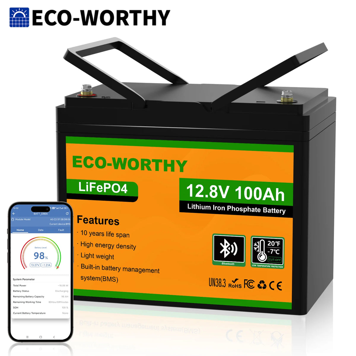 12V 100AH LiFePO4 Lithium Battery with Bluetooth, for Trolling Motor RV