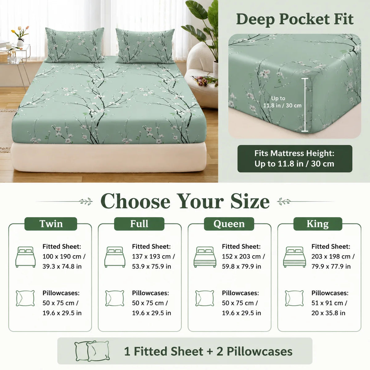3Pcs Floral Fitted Sheet Set