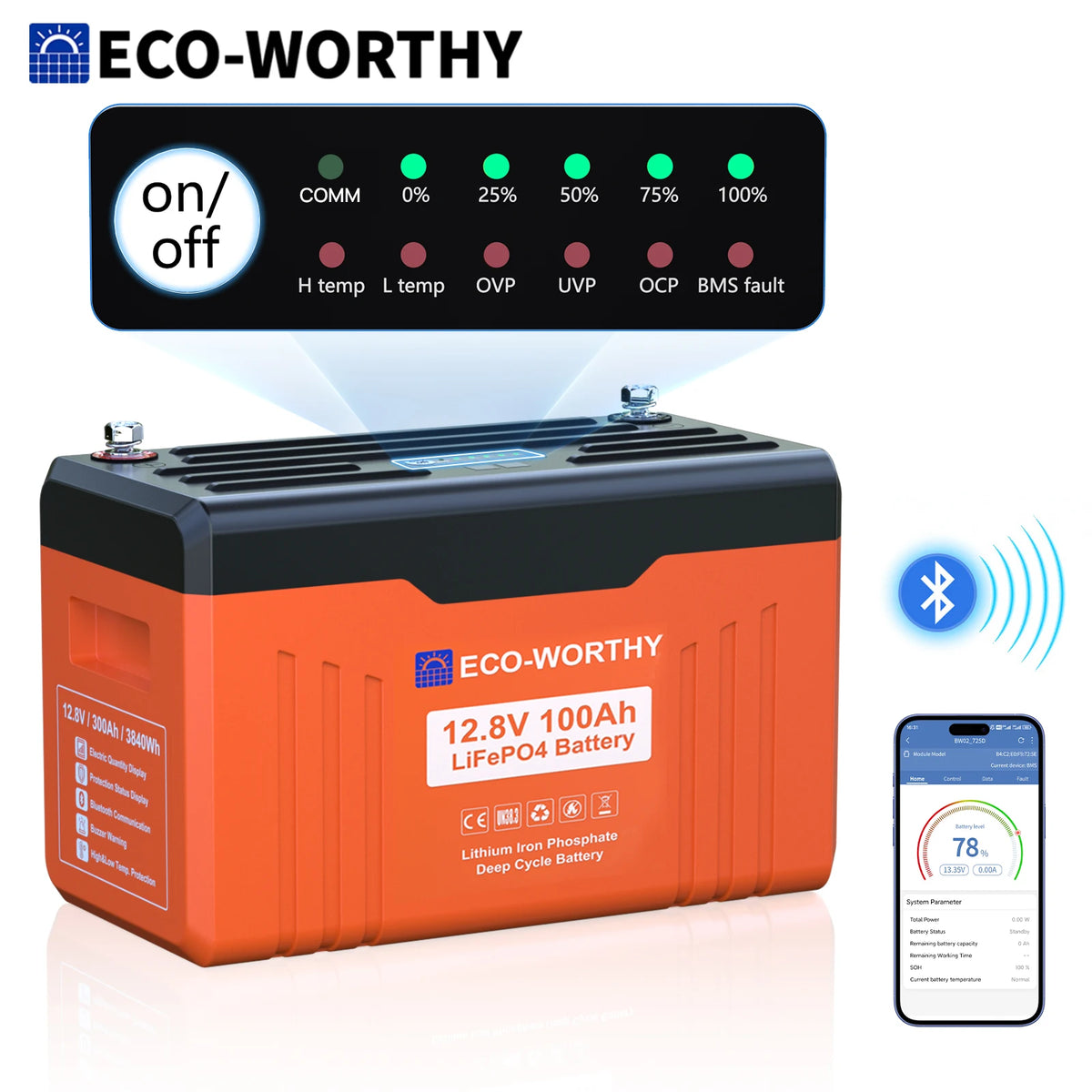 12V 100AH LiFePO4 Lithium Battery with Bluetooth, for Trolling Motor RV