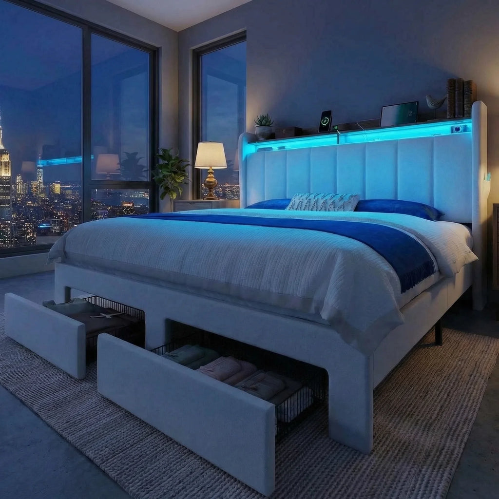 HOOMIC Bed Frame, 2 Storage Drawers with LED Lights