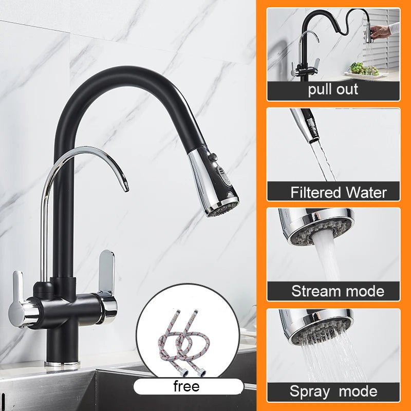 Matte Black Pure Water Kitchen Faucet Dual Handle Hot and Cold
