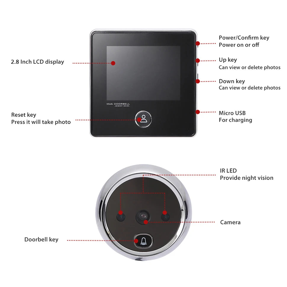 KAK 2.8" LCD Screen Electronic Door Viewer Bell IR Night Door Camera