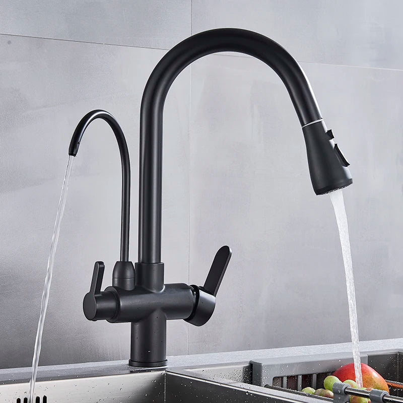 Matte Black Pure Water Kitchen Faucet Dual Handle Hot and Cold