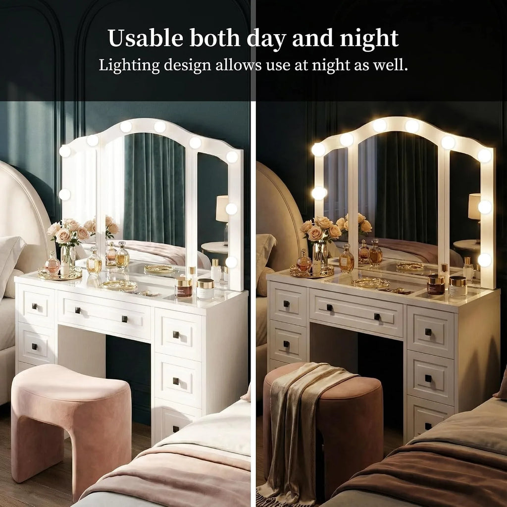 White Retro Lighted Vanity Desk With Tri-Fold Mirror