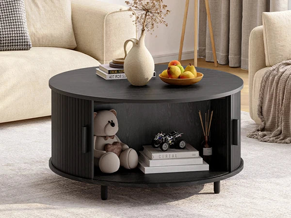 Round Coffee Table with Storage 360° Curved Sliding Door