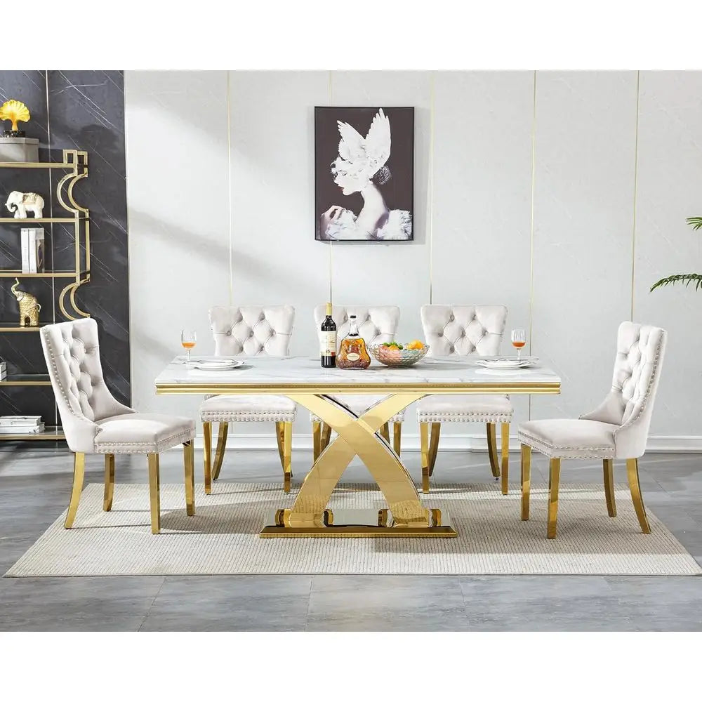 7-Piece Dining Set with 6 Beige Chairs