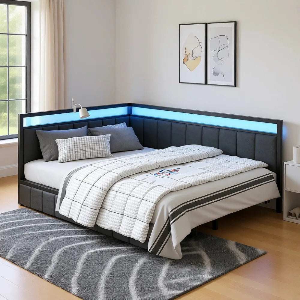Modern Full Size Corner Bed Frame with Storage