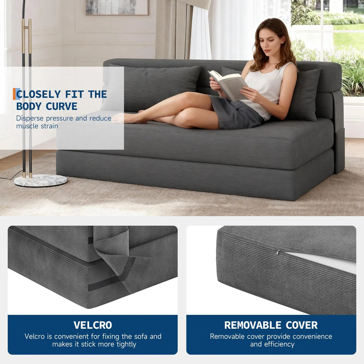 Folding Sofa Bed Convertible Sleeper Soft Corduroy Loveseat Couch