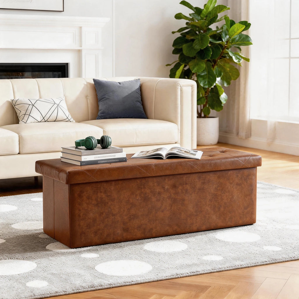 Tufted Faux Leather Storage Bench Folding Footrest Ottoman