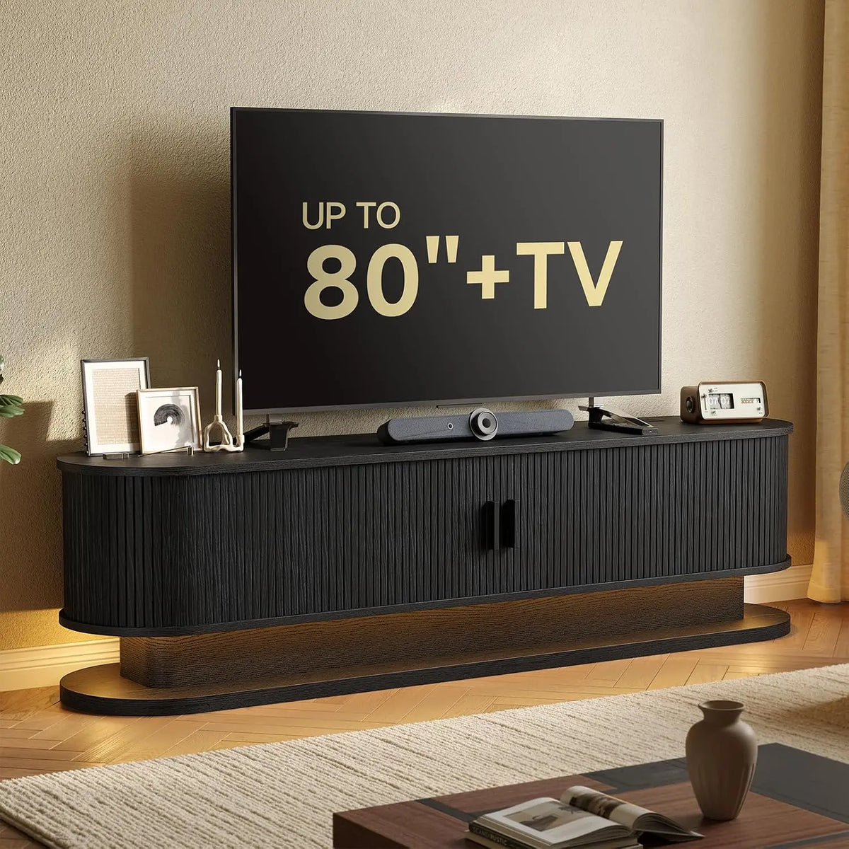70"Mid Century Fluted LED TV Stand Storage