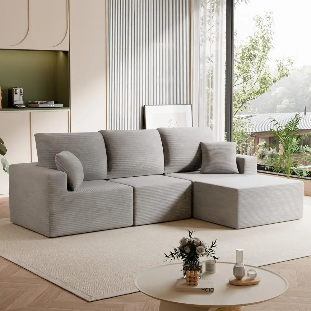 L-Shaped Grey Sofa with Deep Seating