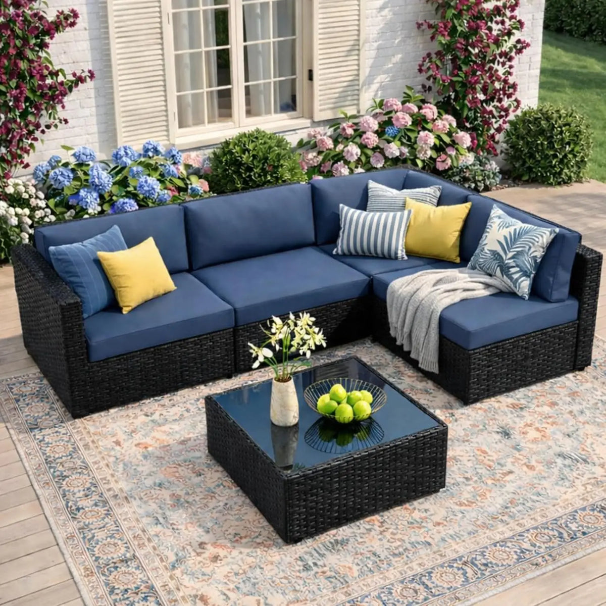 5-Piece Wicker Patio Furniture Set with Thick Cushions