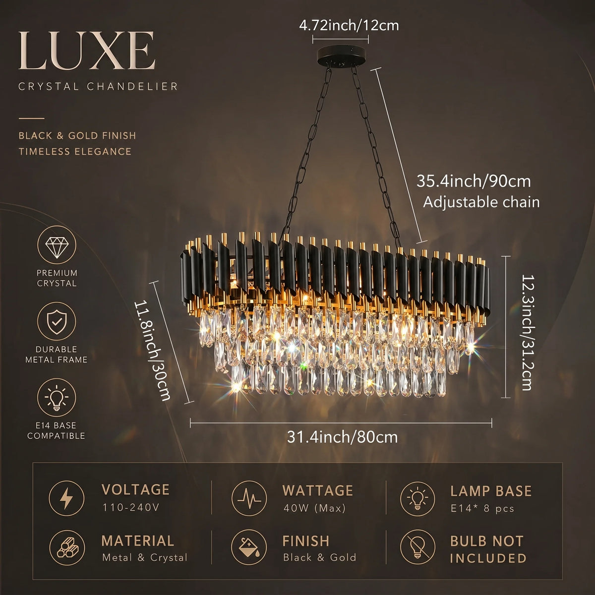 Modern Black & Gold Crystal Chandelier
