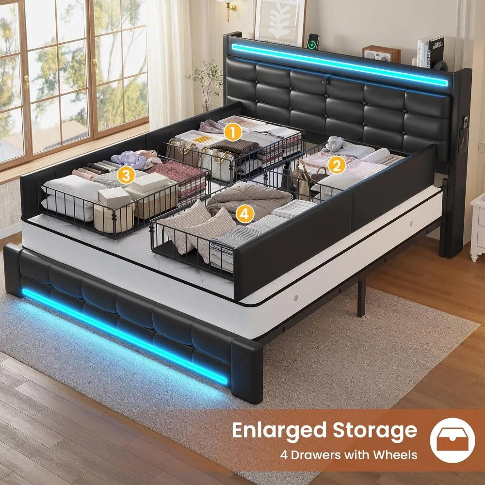 Full Size Storage Bed Frame with LED Headboard Charging Station