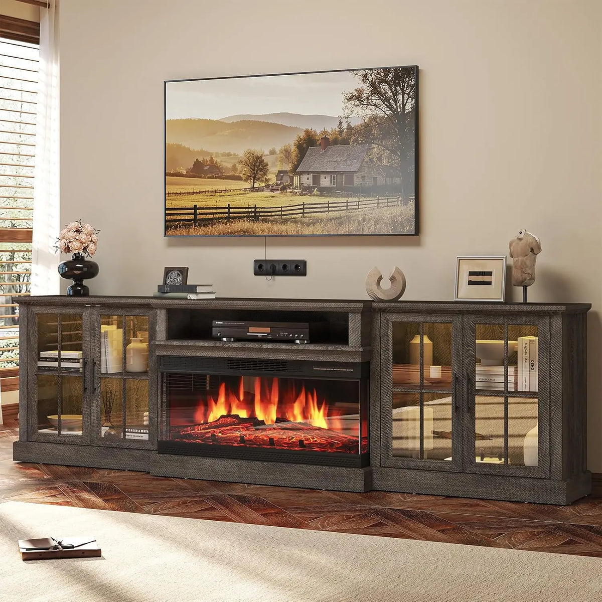 98" Farmhouse TV Stand with 36" Fireplace