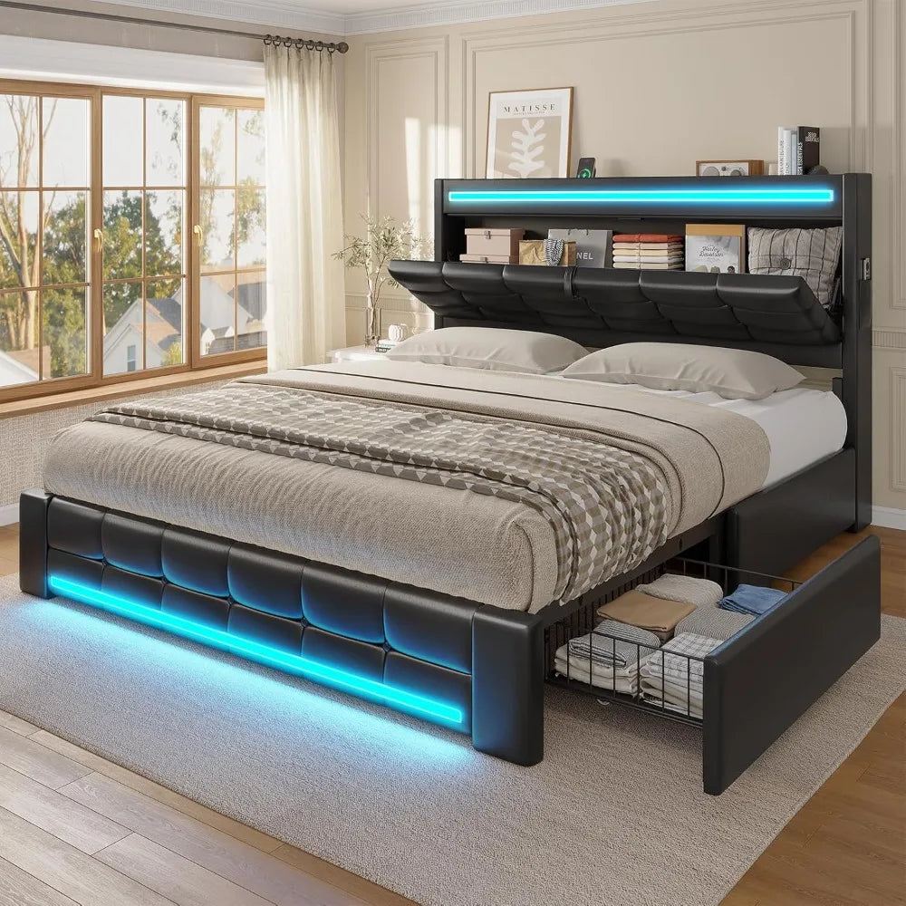 Full Size Storage Bed Frame with LED Headboard Charging Station