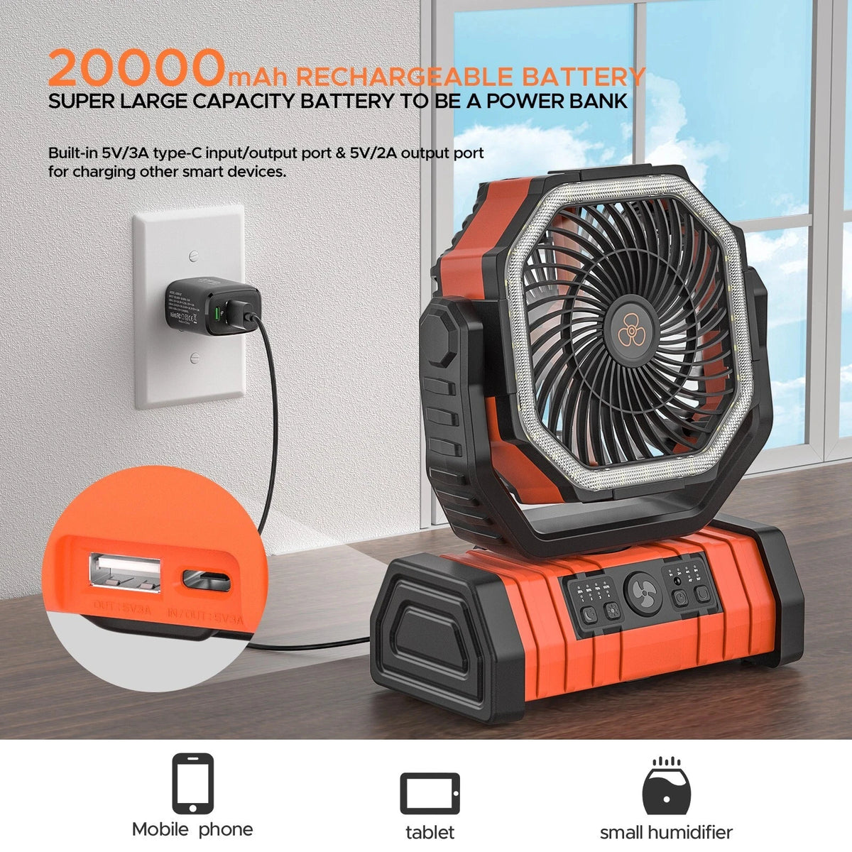 Battery Powered Fan Rechargeable with LED Light