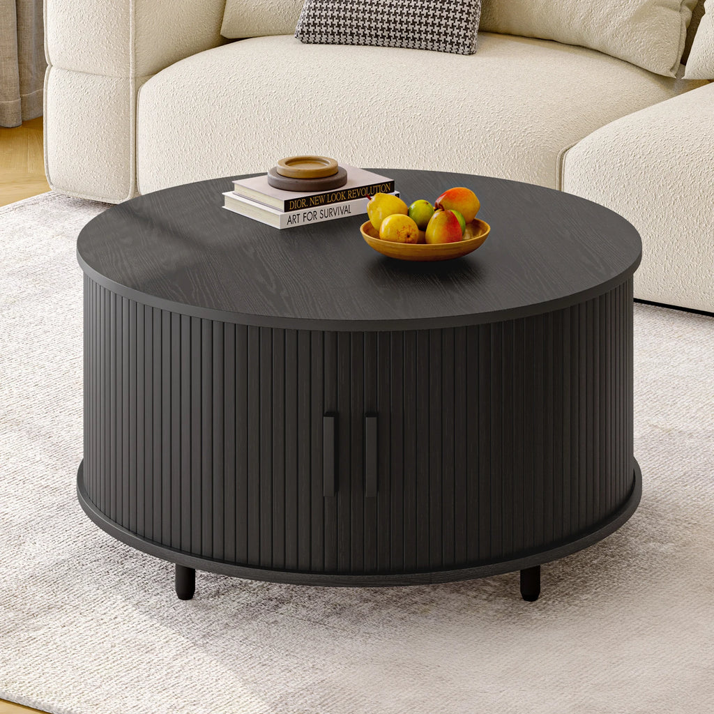 Round Coffee Table with Storage 360° Curved Sliding Door