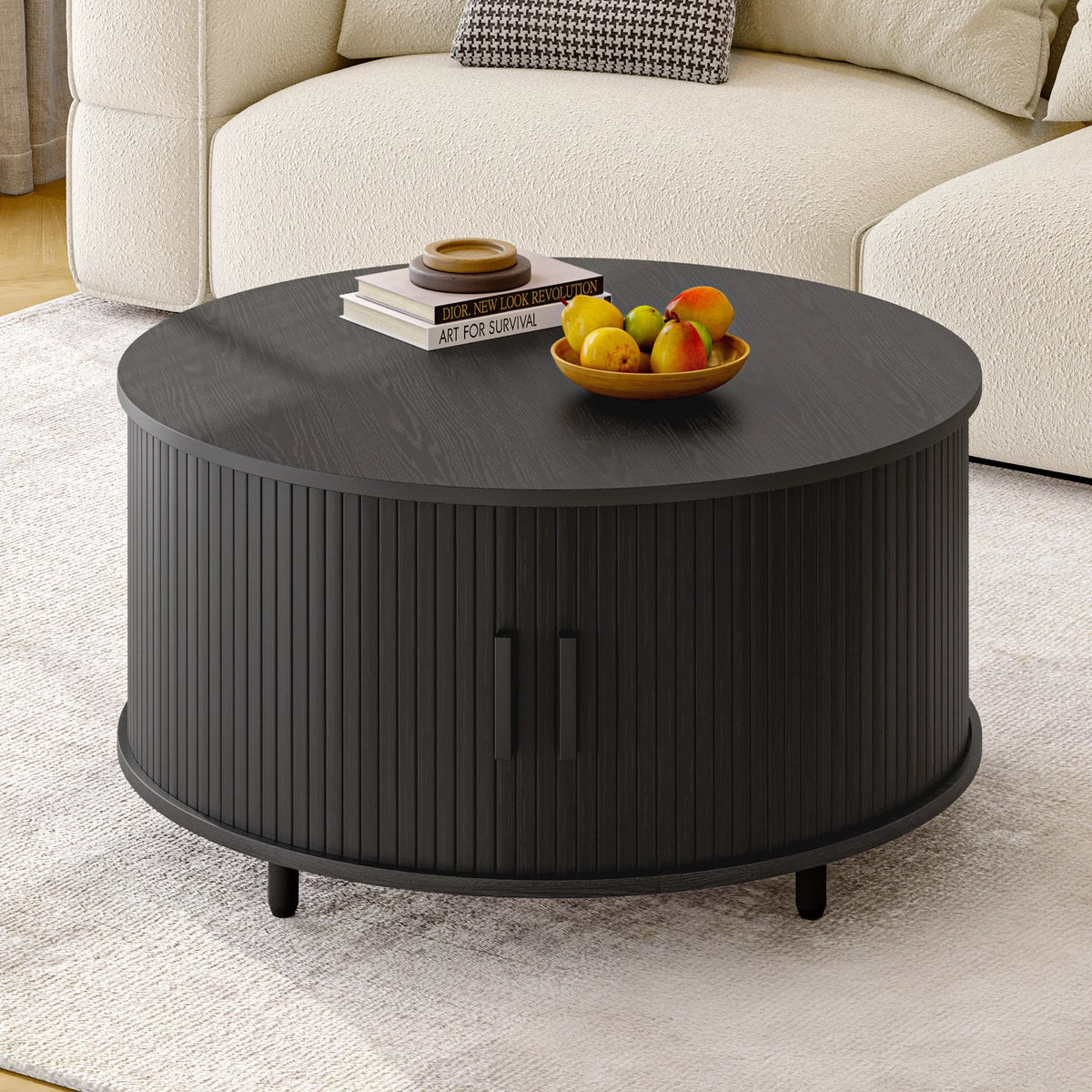 Round Coffee Table with Storage 360° Curved Sliding Door