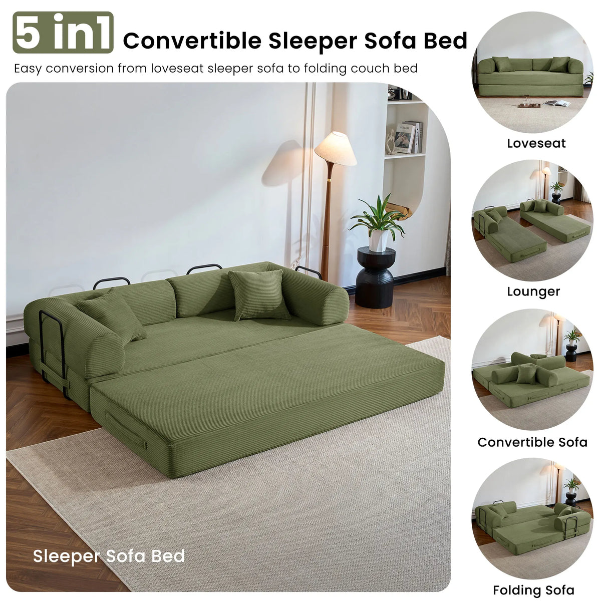79’’ Folding Convertible Sofa Bed Corduroy Upholstered Boneless Couch