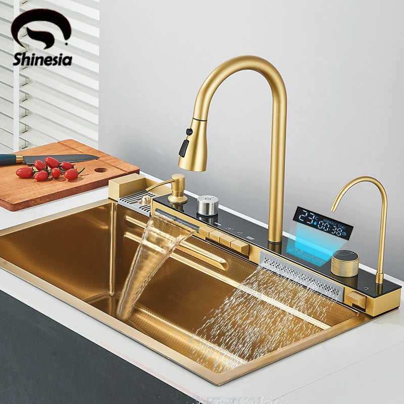 Stainless Steel Kitchen Sink Double Waterfall Single Slot Digital Display