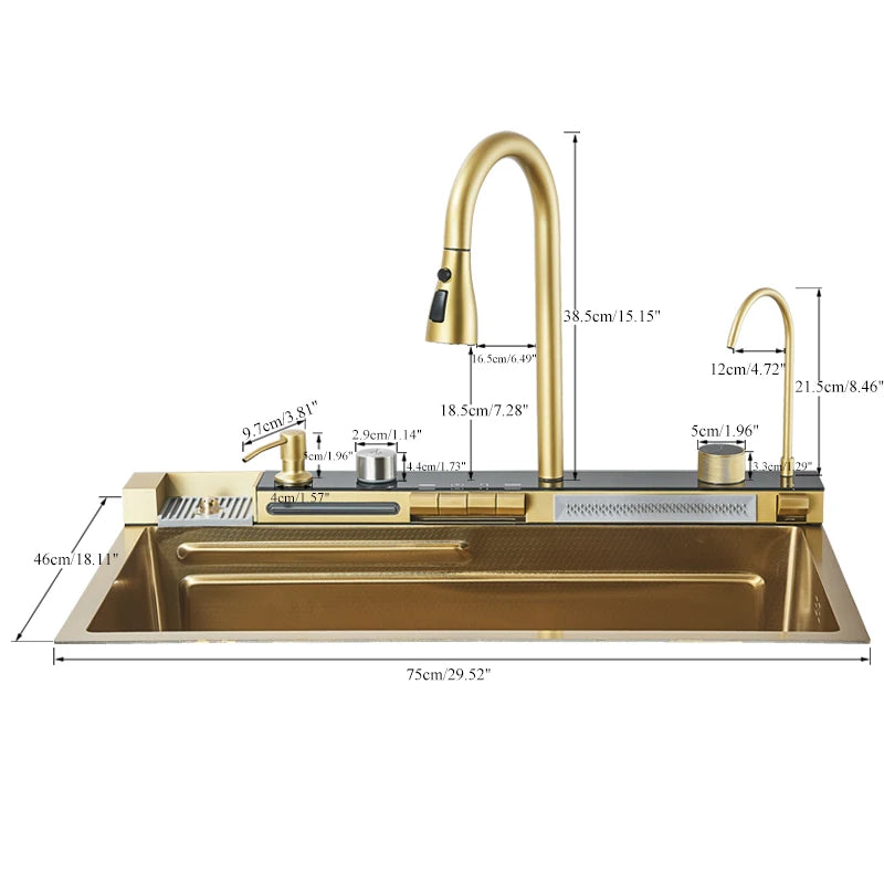 Stainless Steel Kitchen Sink Double Waterfall Single Slot Digital Display