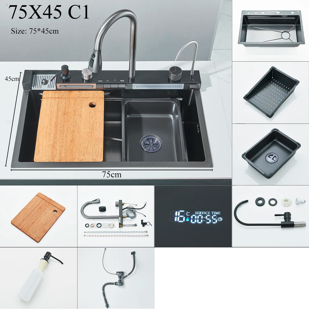 Stainless Steel Kitchen Sink Double Waterfall Single Slot Digital Display