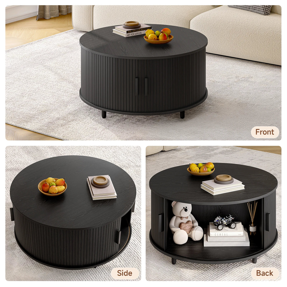Round Coffee Table with Storage 360° Curved Sliding Door
