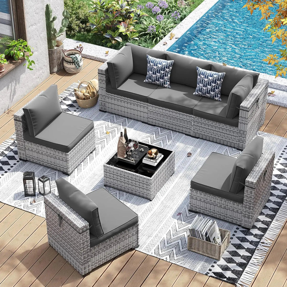 7 Piece Wicker Sectional Sofa with Tea Table