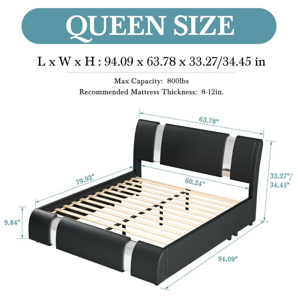 Modern Faux Leather Bed Frame with Iron Pieces Decor