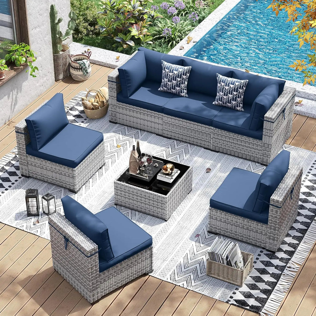 7 Piece Wicker Sectional Sofa with Tea Table