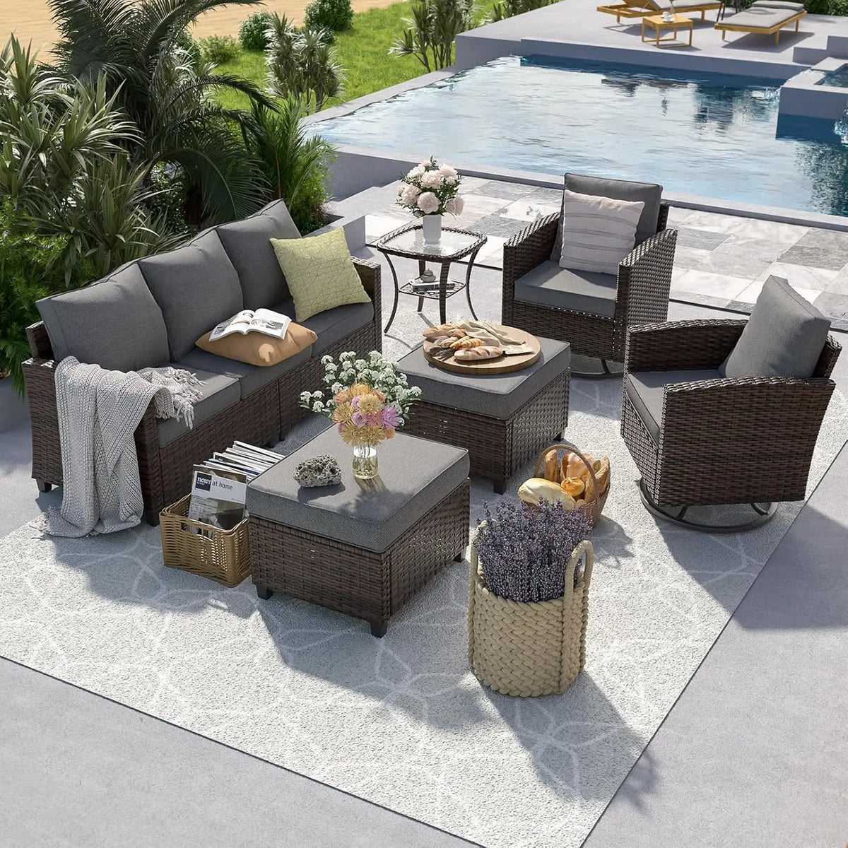 6 Pieces Outdoor Sectional Couch with Swivel Rocking Chair