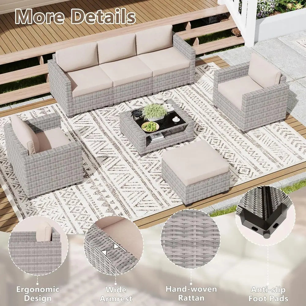 7-Piece Outdoor Patio Furniture Set: Rattan Chairs with Glass Top Table