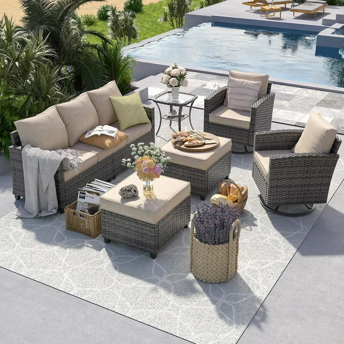 6 Pieces Outdoor Sectional Couch with Swivel Rocking Chair