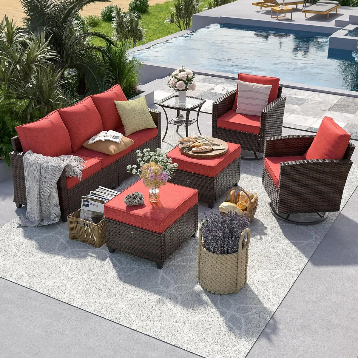 6 Pieces Outdoor Sectional Couch with Swivel Rocking Chair