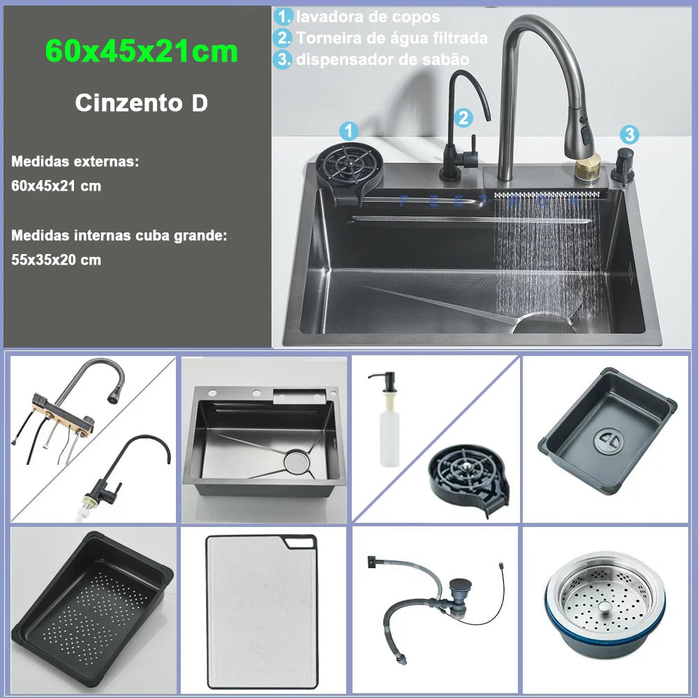 Stainless Steel Kitchen Sink Double Waterfall Single Slot Digital Display