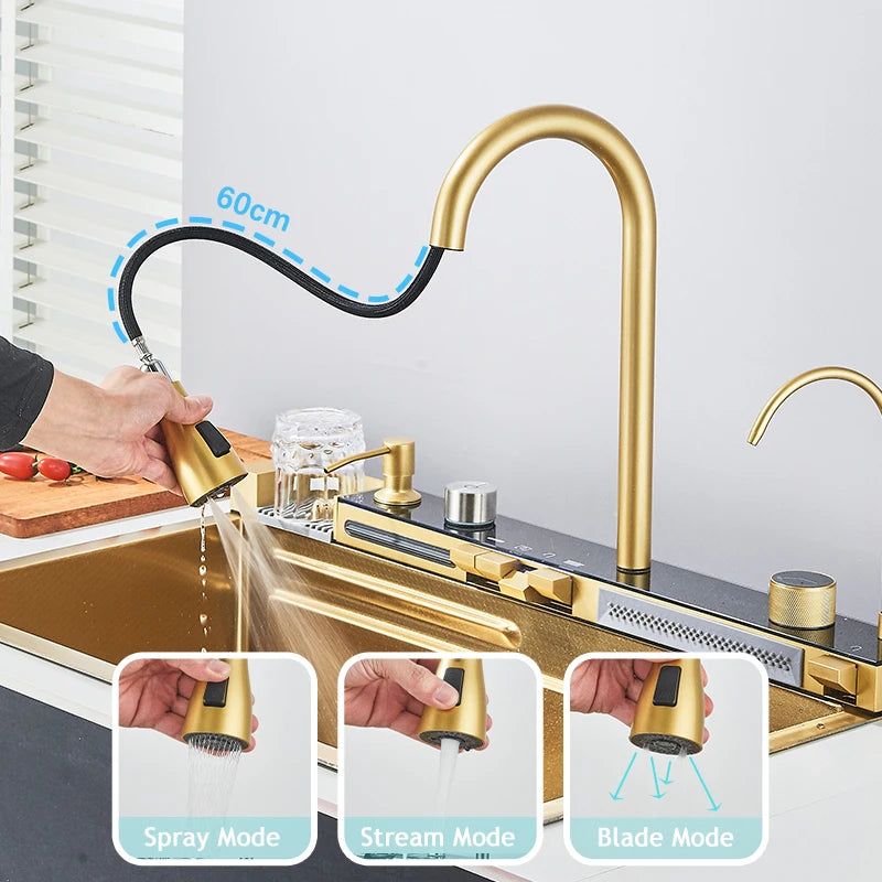 Stainless Steel Kitchen Sink Double Waterfall Single Slot Digital Display