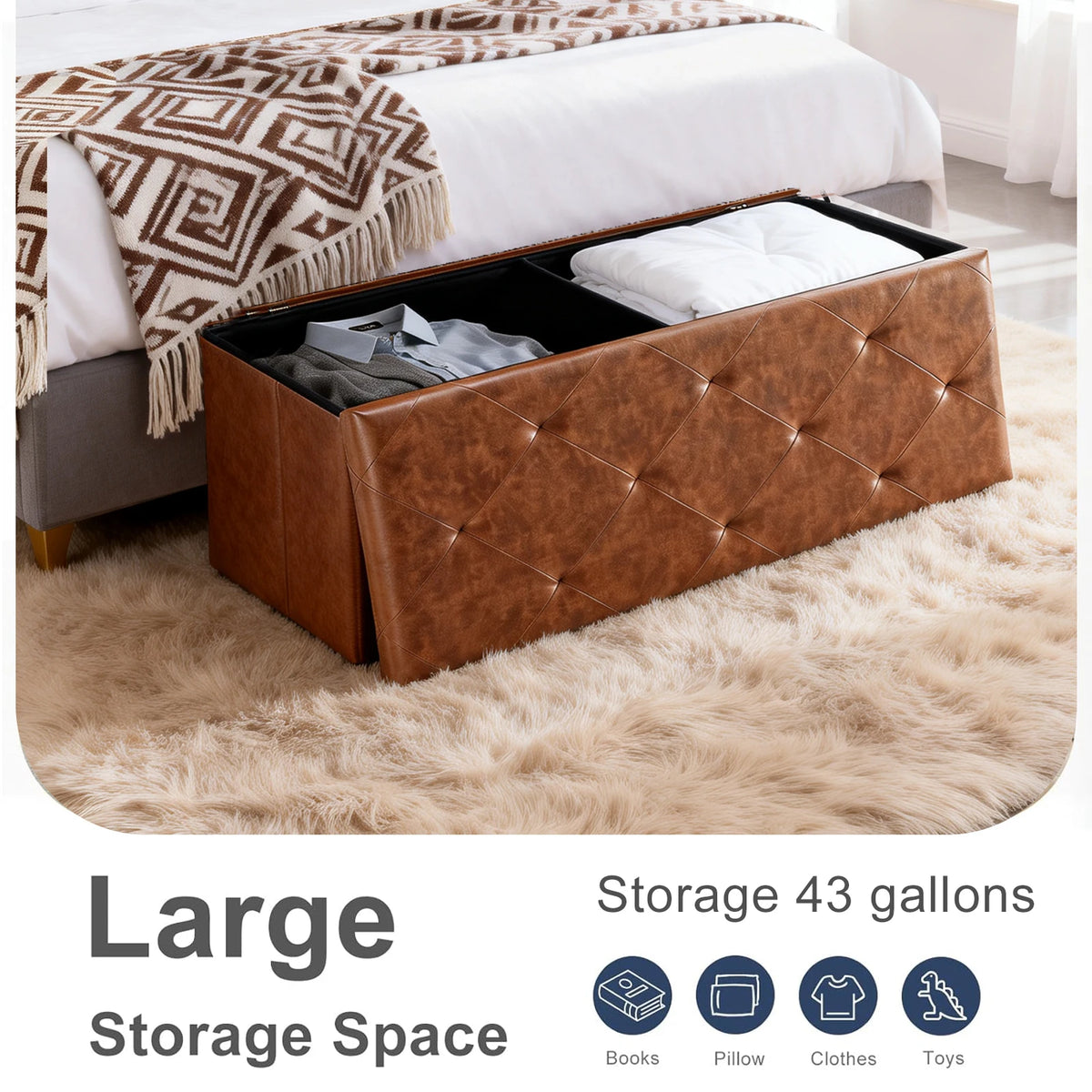 Tufted Faux Leather Storage Bench Folding Footrest Ottoman