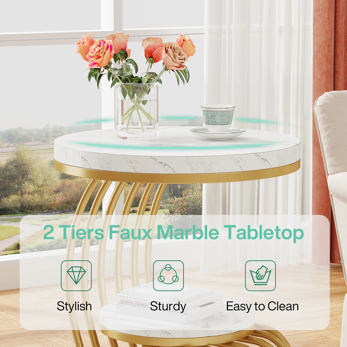 Marble Modern White Gold Bedside Nightstand