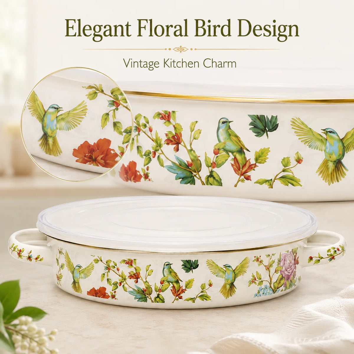 11 Inch Enamel Pie Pan Vintage Floral Non-Stick Baking Dish