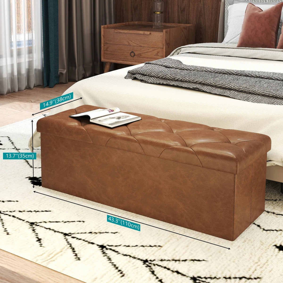Tufted Faux Leather Storage Bench Folding Footrest Ottoman