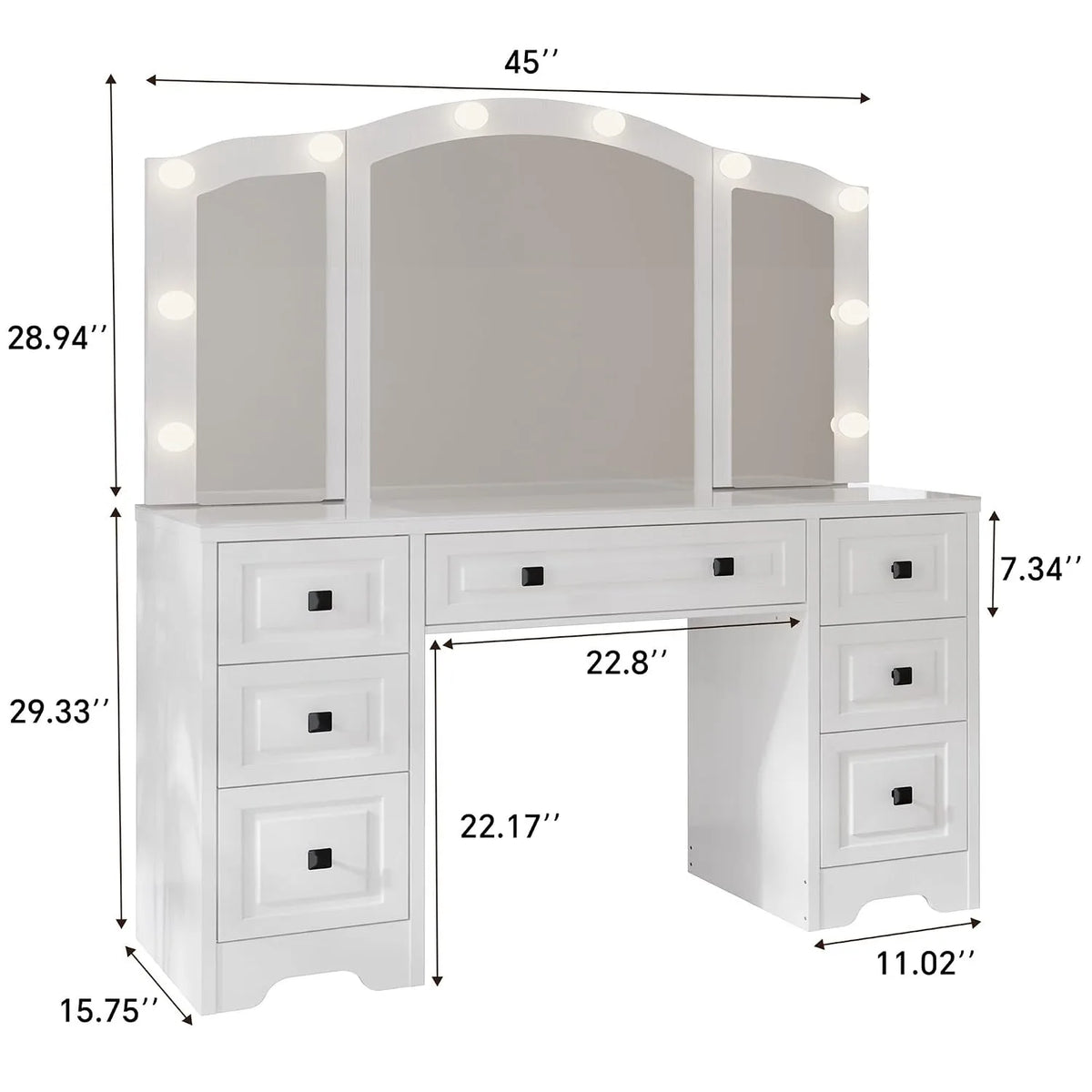White Retro Lighted Vanity Desk With Tri-Fold Mirror