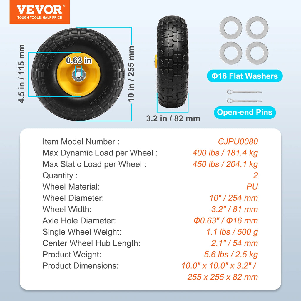 Tire Wheel 10" Flat Free Tubeless Tires