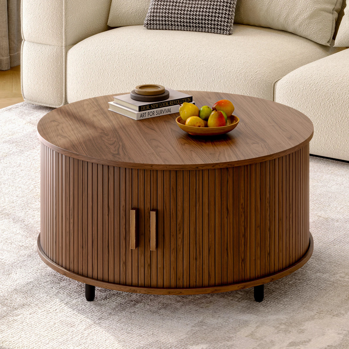 Round Coffee Table with Storage 360° Curved Sliding Door
