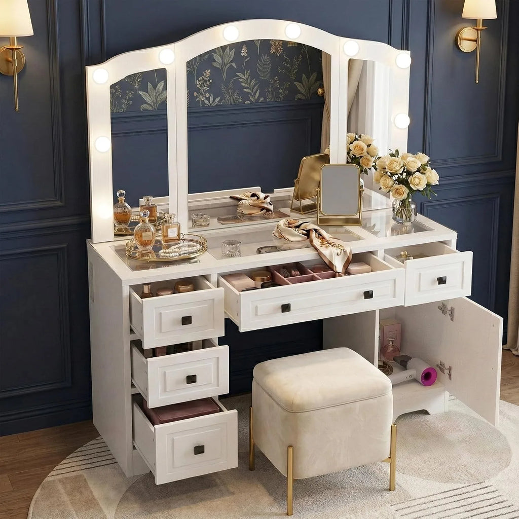 White Retro Lighted Vanity Desk With Tri-Fold Mirror