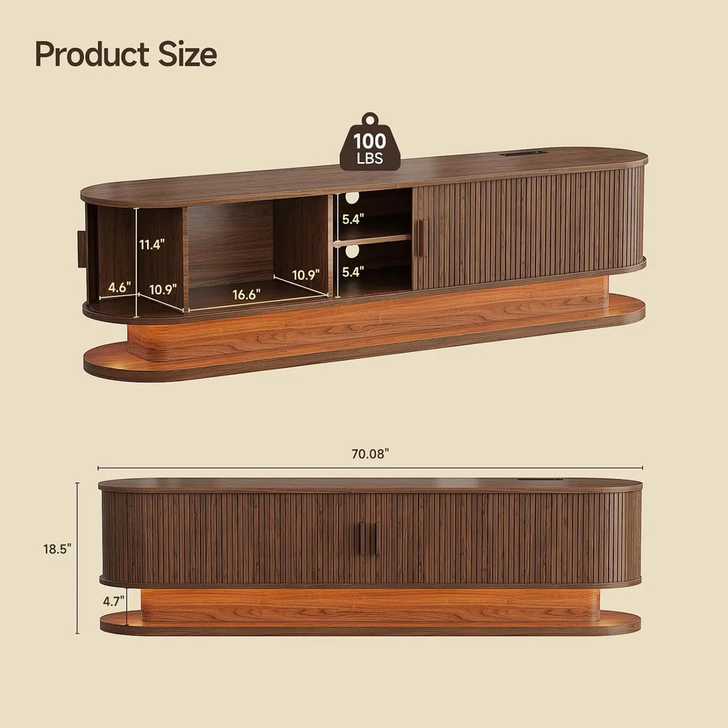 70"Mid Century Fluted LED TV Stand Storage