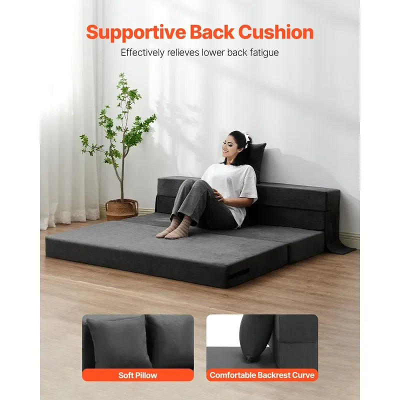Uimoso Folding Sofa Bed 3-in-1 Foldable Sofa Bed with 2 Pillows Dark Grey Queen -