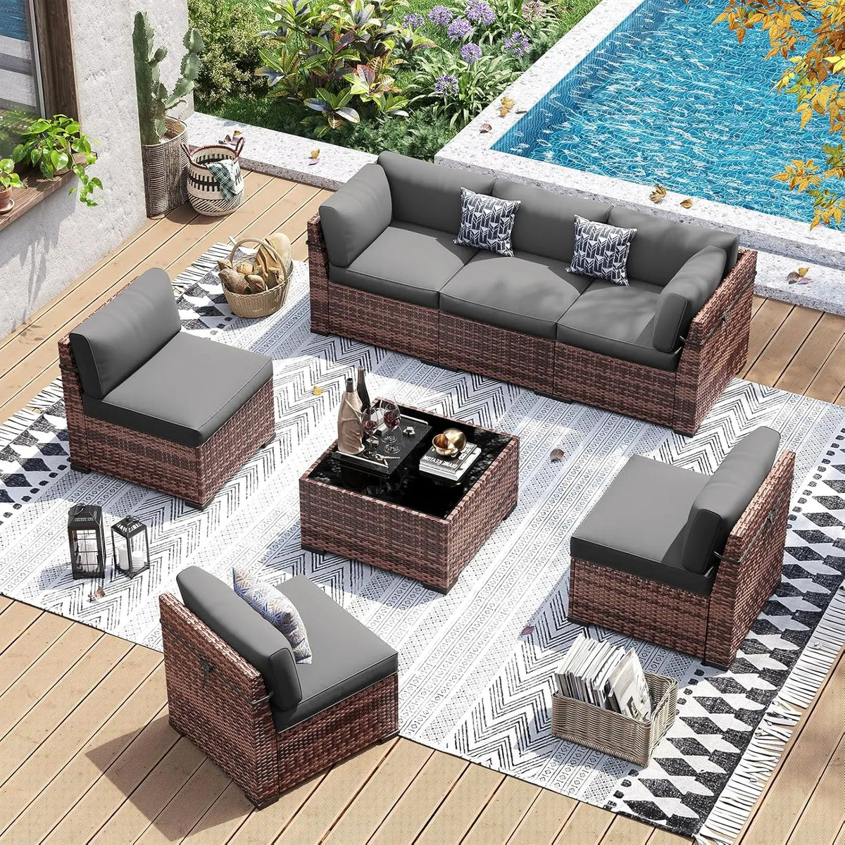 7 Piece Wicker Sectional Sofa with Tea Table