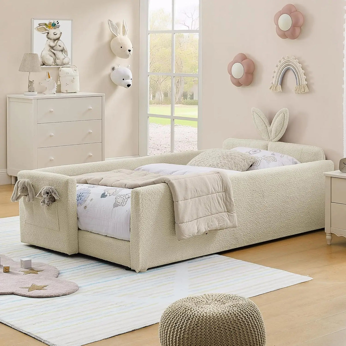 Twin Size Platform Bed Headboard with Pocket & Guardrail for Kids