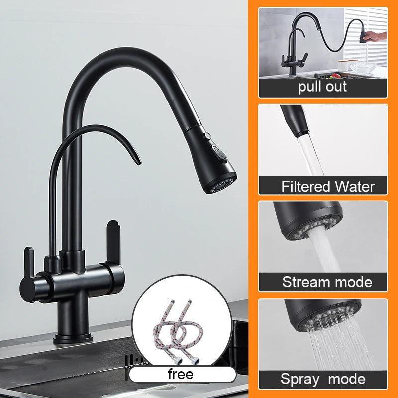 Matte Black Pure Water Kitchen Faucet Dual Handle Hot and Cold